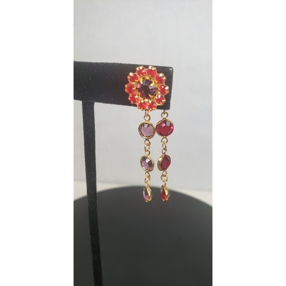 Red Hat Society Dangle Earrings Red Purple Gold Tone Chandelier Pierced - Picture 11 of 16